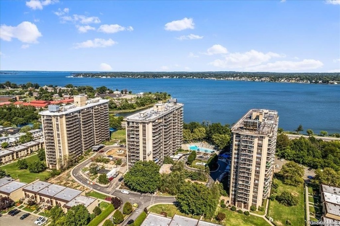 Aerial view of a nearby body of water