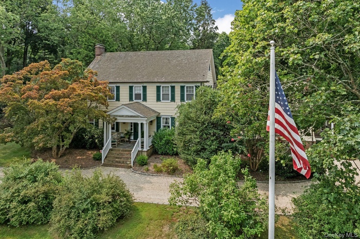 Colonial inspired home featuring a chimney, covered porch, roof with shingles, and view of wooded area