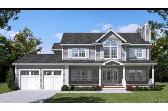 Traditional home featuring covered porch, a garage, a chimney, concrete driveway, and a front lawn