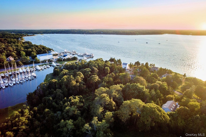 Aerial view at dusk of view of marina and a water view