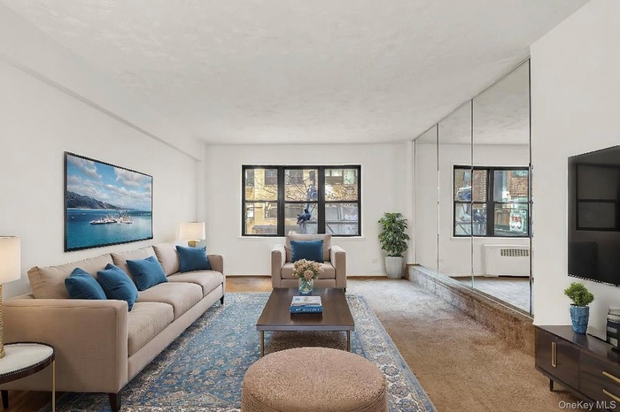 Living area with radiator heating unit and carpet