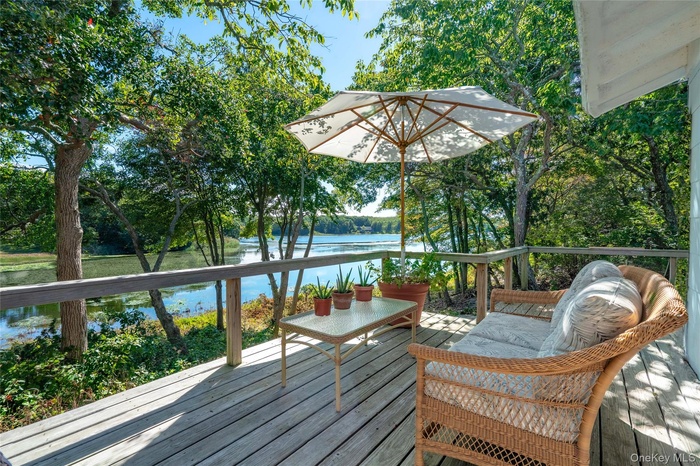 Wooden deck with a water view and view of scattered trees