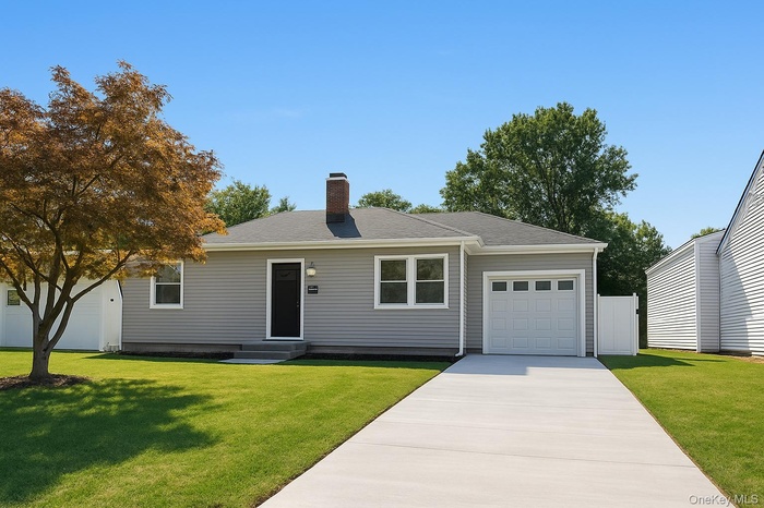Single story home featuring an attached garage, concrete driveway, a chimney, a shingled roof, and entry steps