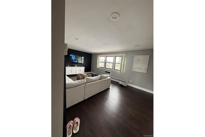 Living area with dark wood-style floors and a baseboard heating unit