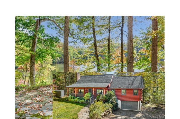 Log-style house featuring a chimney, covered porch, an attached garage, and a shingled roof