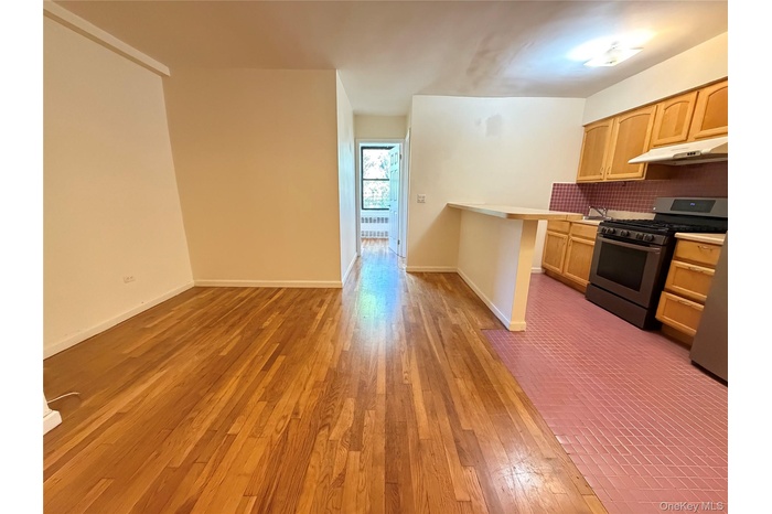 Kitchen with stainless steel appliances, light wood finished floors, backsplash, light countertops, and a peninsula