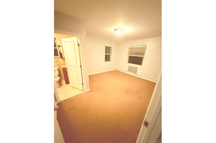 Unfurnished room featuring a baseboard heating unit and light carpet