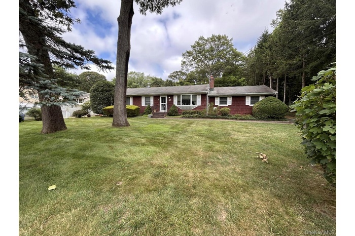 Ranch-style home with a front yard and a chimney