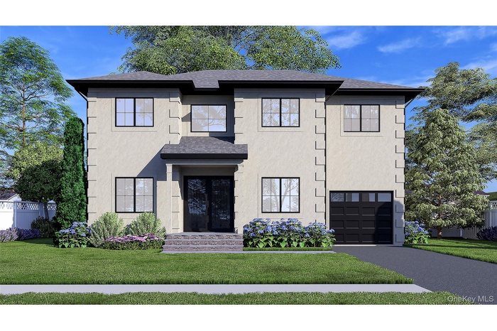 View of front of home featuring a shingled roof, a garage, stucco siding, and driveway