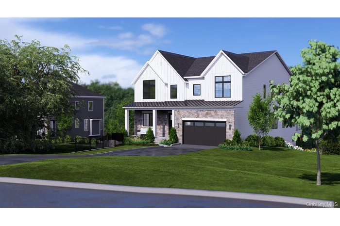 Modern inspired farmhouse with stone siding, a front lawn, driveway, a garage, and a standing seam roof