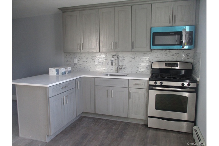 Kitchen featuring stainless steel appliances, a peninsula, a baseboard radiator, dark wood finished floors, and tasteful backsplash