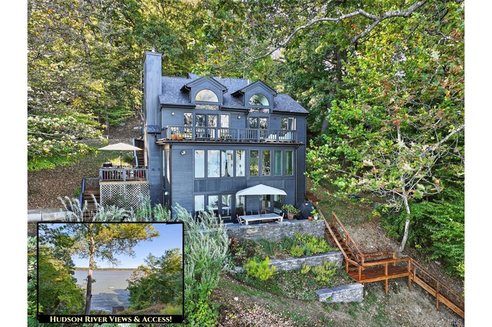 Back of property with stairs, a chimney, a patio area, a wooden deck, and a balcony
