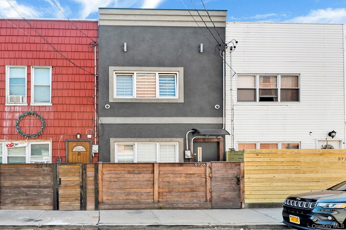 Traditional home with a fenced front yard, a gate, and stucco siding