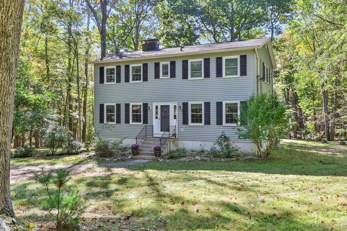Colonial house featuring a chimney and a front lawn