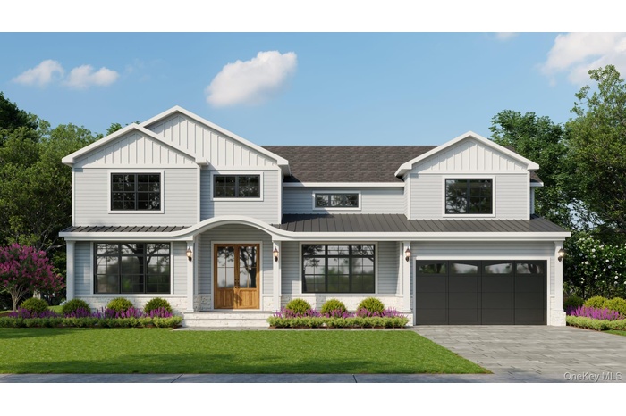 Modern farmhouse featuring a front yard, board and batten siding, decorative driveway, an attached garage, and stone siding