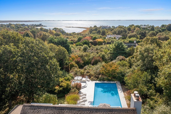 Aerial view with a water view and a forest view