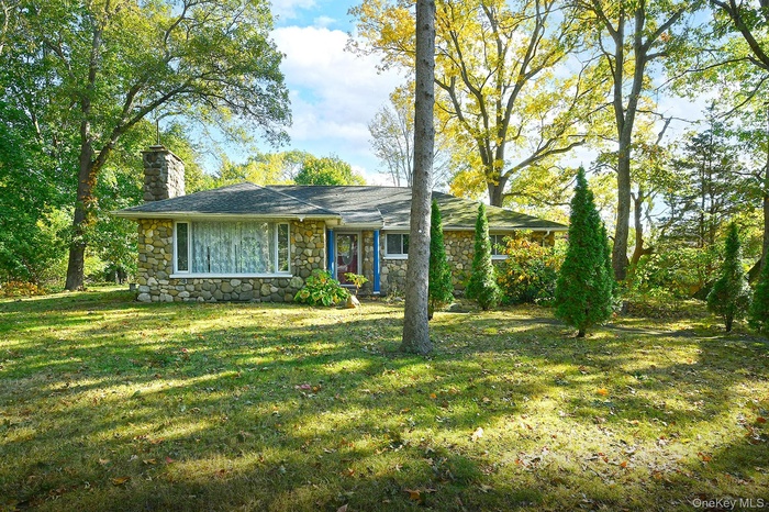Ranch-style house featuring a chimney, stone siding, and a front lawn