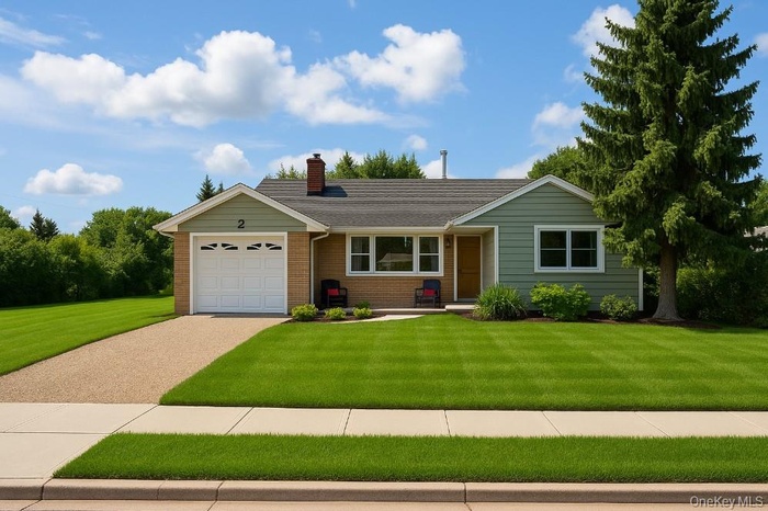 Ranch-style home with driveway, brick siding, a front lawn, a chimney, and a garage