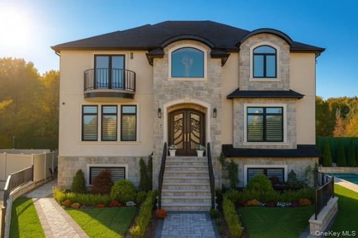 French provincial home with stone siding, french doors, and a balcony
