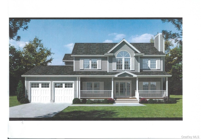 View of front of property featuring a garage, covered porch, driveway, a chimney, and french doors