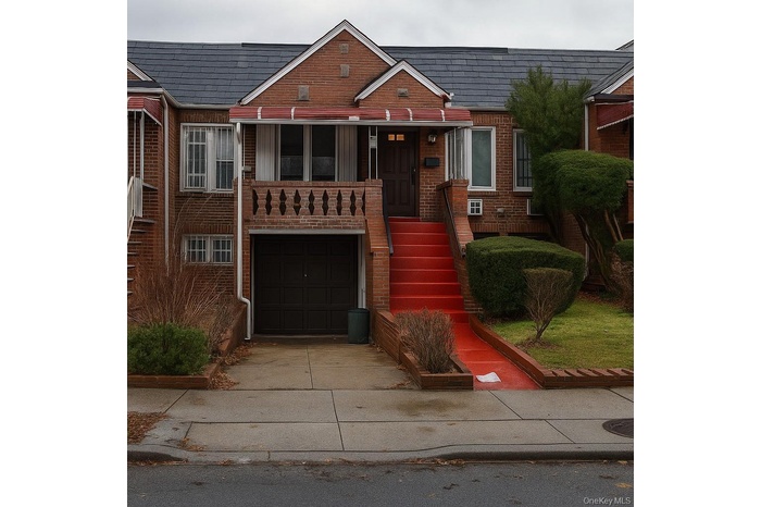 View of front of property with stairway, brick siding, driveway, and an attached garage