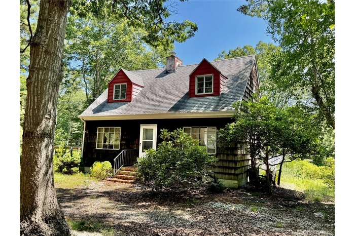 Cape cod-style house featuring a shingled roof, a porch, and a chimney