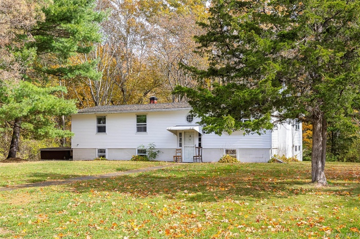 View of front of property featuring a front yard, a chimney, and view of scattered trees