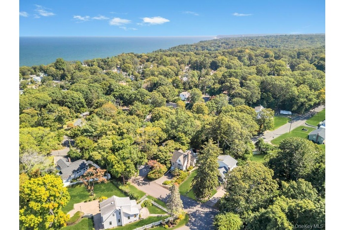 Aerial overview of property's location with a heavily wooded area and a nearby body of water