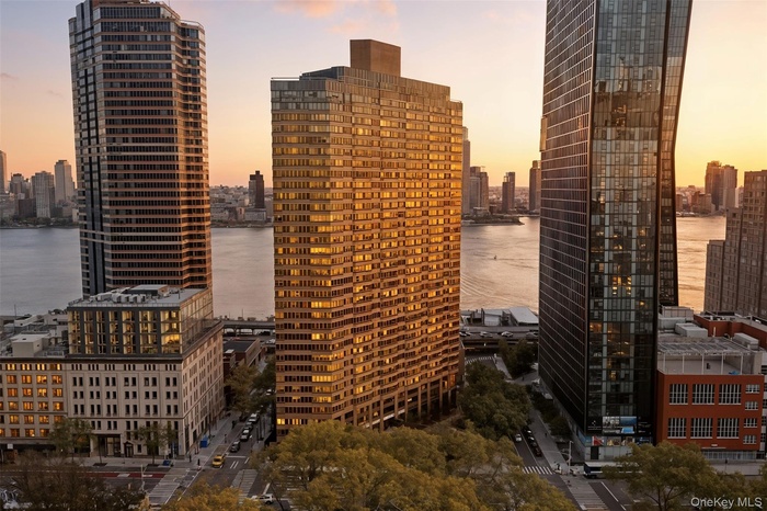 View of city skyline with a large body of water
