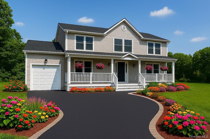 View of front facade featuring a porch, asphalt driveway, a garage, and a front lawn
