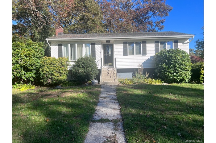 View of front of house with a front yard and a chimney