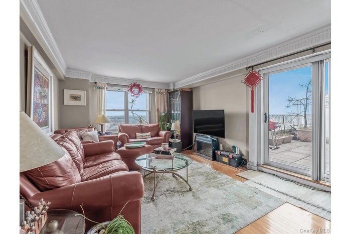 Living room featuring ornamental molding and wood finished floors. Doors to first terrace.