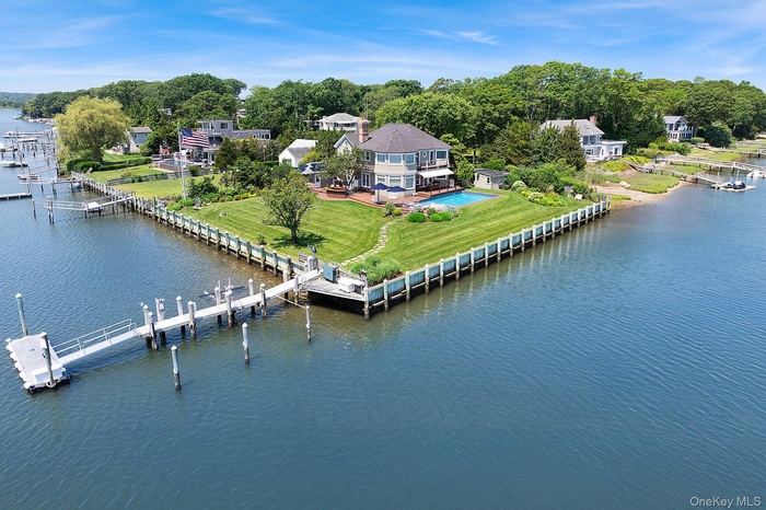 Unparalleled Aerial view of panoramic waterfront in Sag Harbor.  The Peninsula