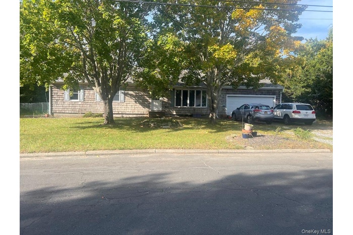 View of property hidden behind natural elements featuring a front yard and an attached garage