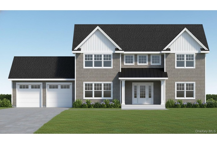 Digital Rendering of View of front of property with a standing seam roof, decorative driveway, a metal roof, a garage, and a front lawn.