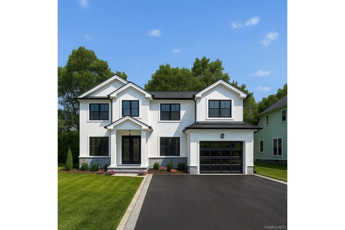 Modern inspired farmhouse featuring stone siding, a front lawn, asphalt driveway, an attached garage, and stucco siding
