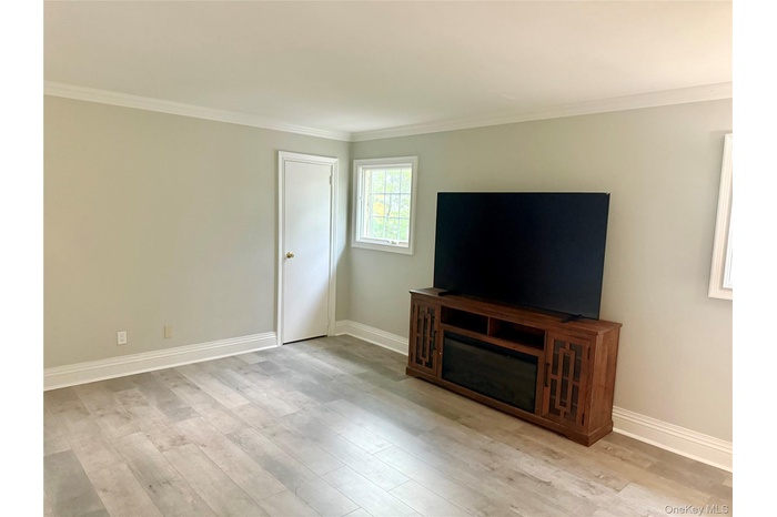 Unfurnished living room featuring ornamental molding and light wood-type flooring