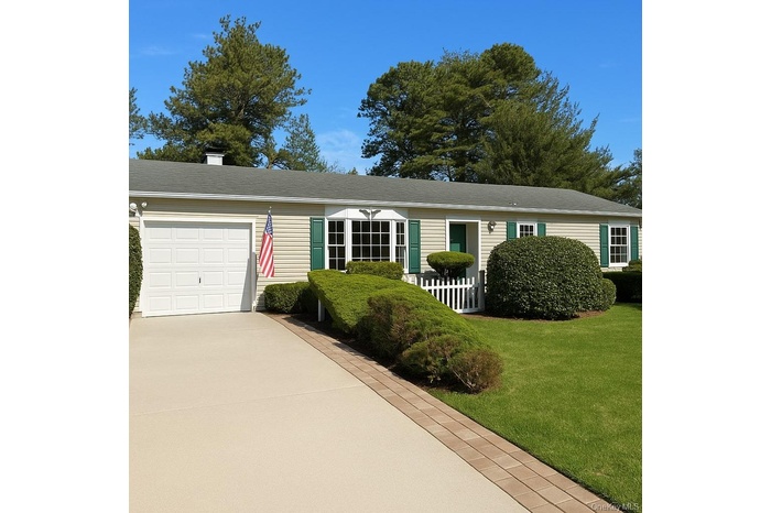 This photo has been edited with AI. Ranch-style home with a garage, a front lawn, driveway, and a chimney