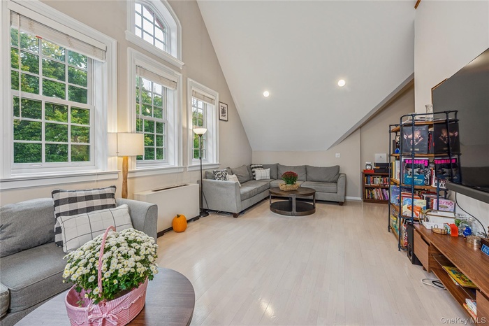 Living area featuring vaulted ceiling, radiator heating unit, healthy amount of natural light, light wood finished floors, and recessed lighting