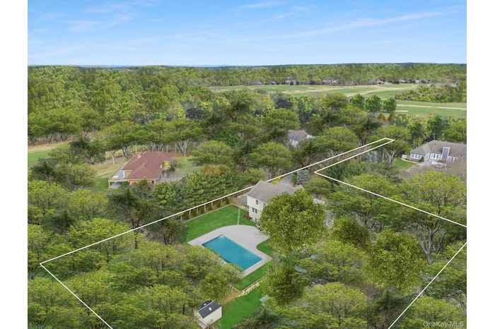 Aerial view of property's location with a pool and property boundaries highlighted