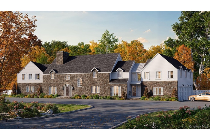 View of front facade featuring stone siding, a chimney, and view of scattered trees