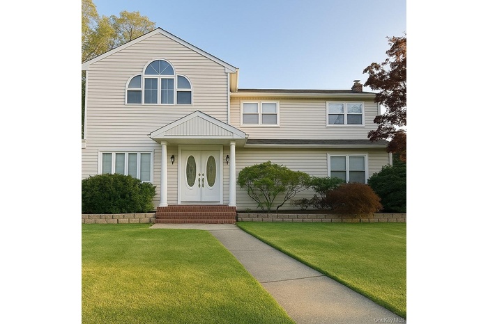 View of front of home with a front yard and a chimney