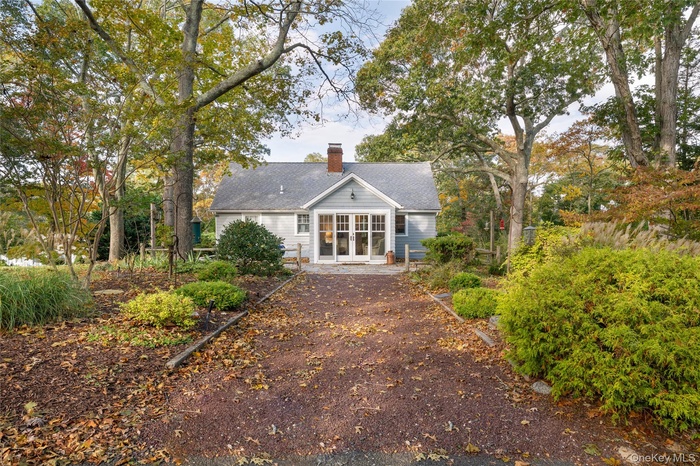 Rear view of property featuring a chimney, a patio area, roof with shingles, and french doors