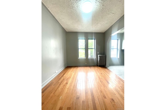 Unfurnished room with radiator heating unit, light wood-type flooring, and a textured ceiling