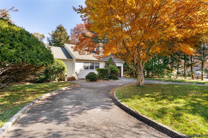 View of property hidden behind natural elements featuring asphalt driveway, a garage, and a front lawn