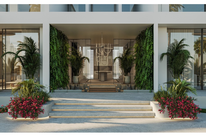 Double-height entrance foyer with designer chandelier, Hermès-inspired mansion Dubai
