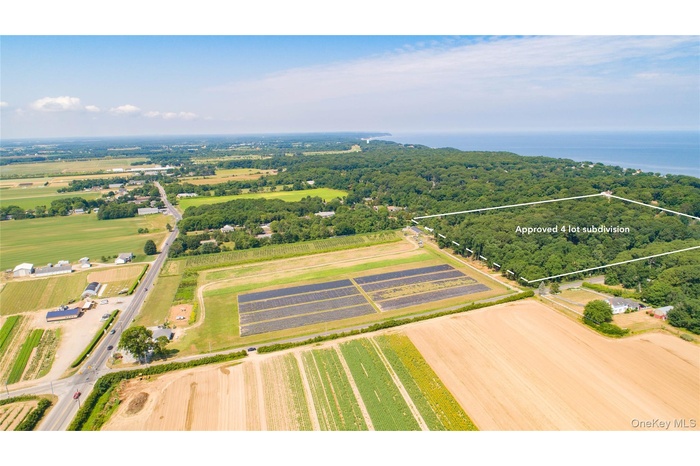 Aerial overview of property's location featuring approved 4 lot subdivision and the Long Island Sound