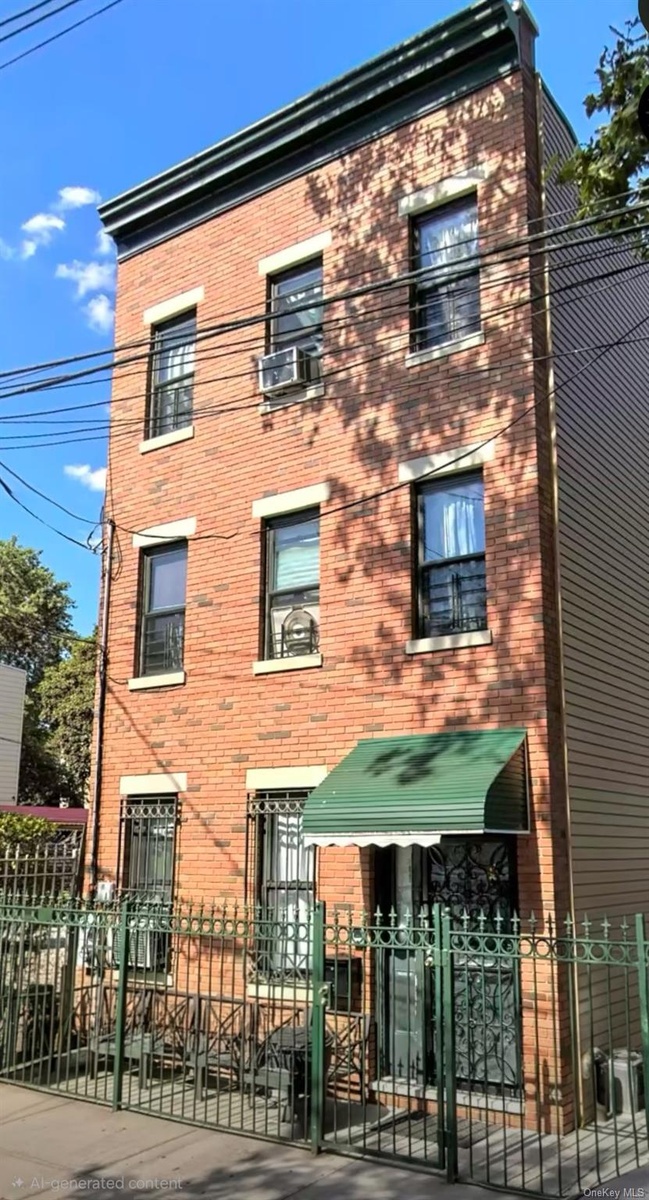 View of front of property featuring a fenced front yard, brick siding, and a gate