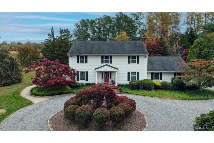 Colonial-style house with a front lawn, a chimney, and a shingled roof