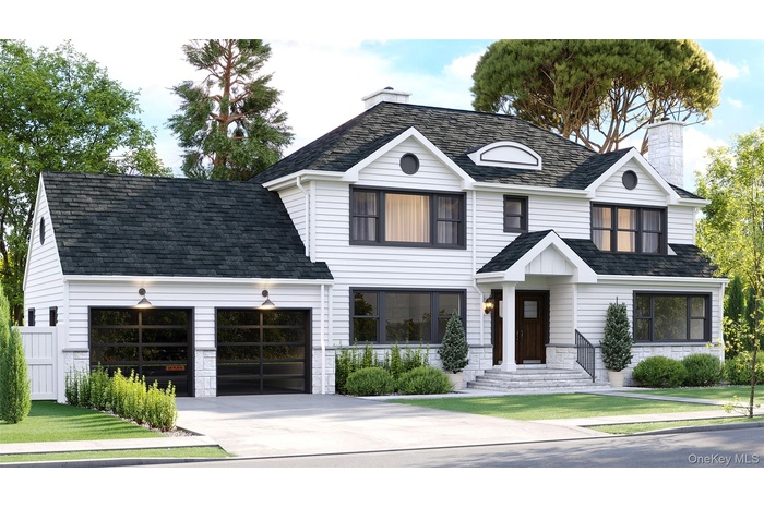 View of front of house featuring a chimney, driveway, a garage, and stone siding